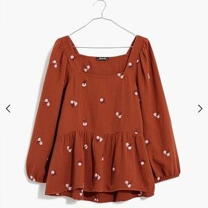 Madewell Amie Floral Embroidered Lightspun Millbrook Puff-Sleeve Peplum Top